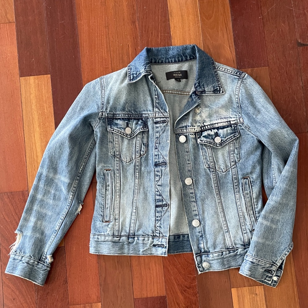 J Crew distressed denim jacket. Vintage feel/ soft. Size: XS